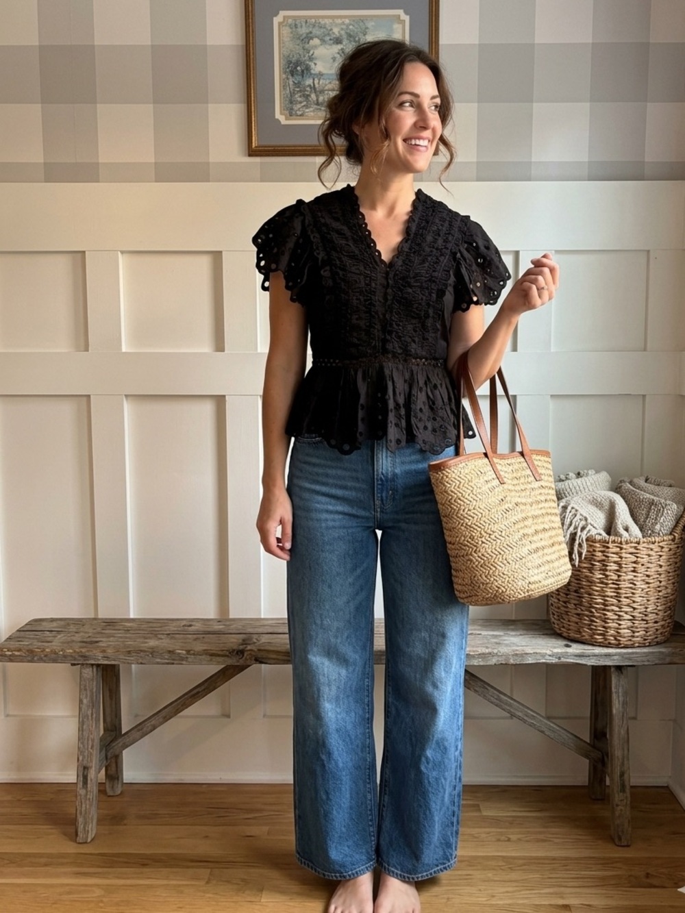 Jennifer Grace Black Eyelet Lace Peplum Blouse - Women's Small
